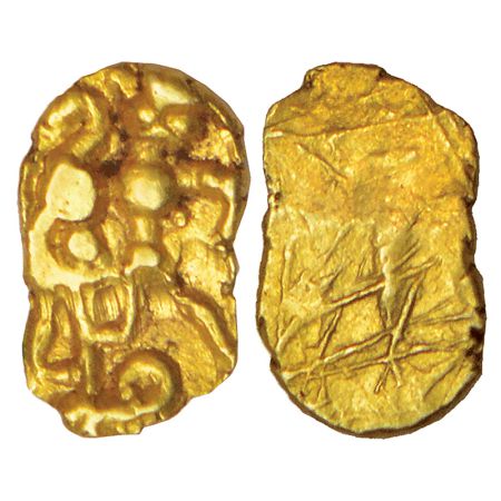 Chalukyas of Kalyani, gold ½ fanam of punch-marked type, (1000-1100 AD), 0.18g. Obv: two p