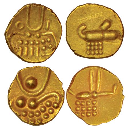 Coorg, gold fanam of Veera Raya, 0.41g and 0.39g. Obv: Stylized lion. Rev: Crocodile, two 