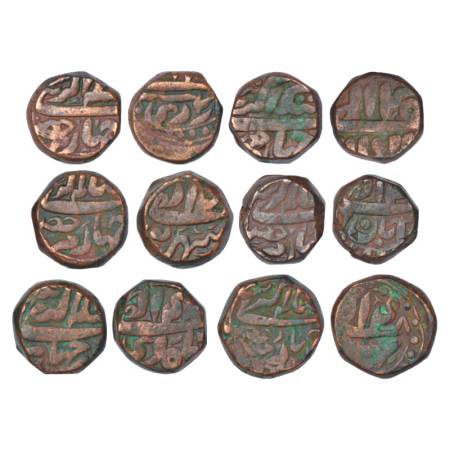 Akbar (1556-1605 AD), copper chahram hissa (¼ dam) (6), mintless, 1x Ardibihist, 10.21g, 1