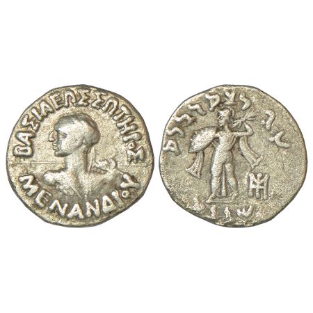 Indo-Greeks, silver drachm of Menander I (c.155-130 BC), BN Series 7A, 2.30g. Obv: Diademe
