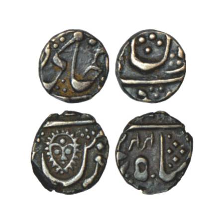 Princely State, silver 1/8 rupee (2), 1x Gwalior, Ujjain mint (off flan), 1.38g and 1x Ind
