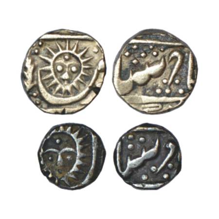 Indore, silver ¼ rupee, 2.76g and 1/8 rupee, 1.35g, Malharnagar mint, sun face type, in th