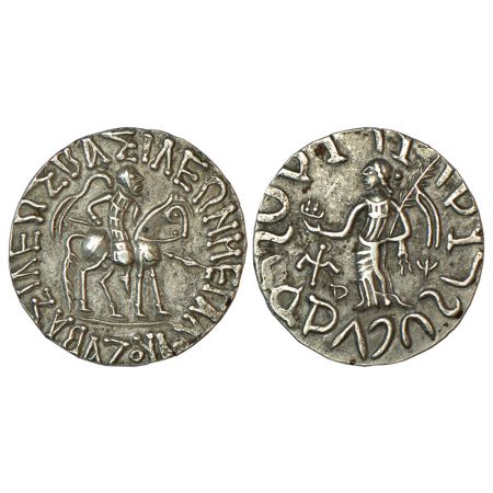 Indo-Scythians, silver tetradrachm of Azes (c.58-12 BC), ISCH 82.213T, 9.18g. Obv: king on