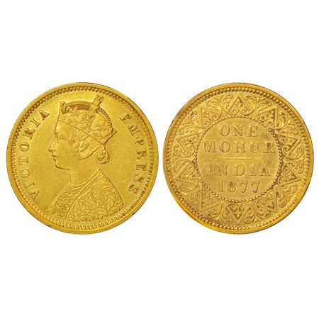 Victoria Empress, gold mohur, 1877, Calcutta mint, two flowers in bottom panel and 'V' in 