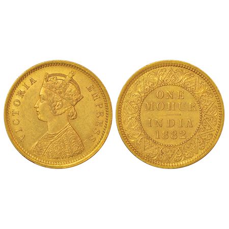 Victoria Empress, gold mohur, 1882, Calcutta mint, two flowers in bottom panel and 'V' in 