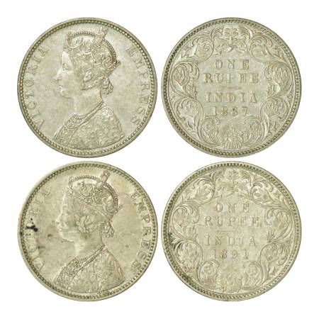 Victoria Empress, silver rupee (2), Bombay mint, 1x 1887, C2/I, 'B' incused, 7 struck over