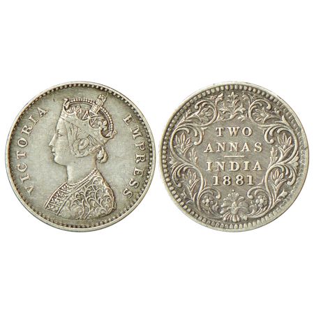 Victoria Empress, silver 2 annas, 1881, Bombay mint, A/II/dot, PR 523, GK 756, 1.44g. Good