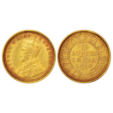 George V, gold 15 rupees, 1918, Bombay mint, no mm, PR 25; S&W 8.1, 7.98g. Extremely fine,