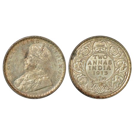 George V, silver 2 annas, 1913, Bombay mint, dot, PR 572, GK 1111, 1.47g. Brilliant uncirc