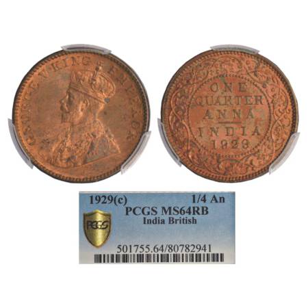 George V, copper ¼ anna, 1929, Calcutta mint, PR 670, GK 1189. Graded as MS64RB by PCGS, V