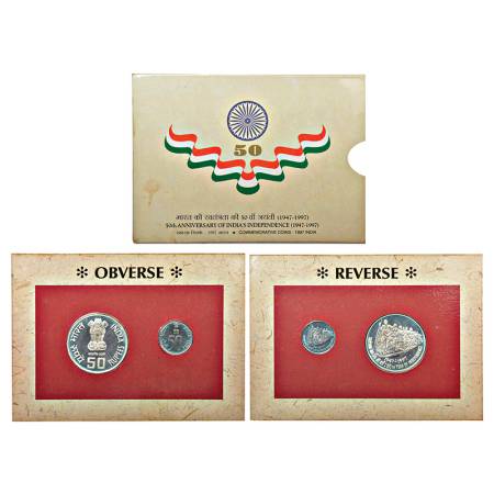 1997, 50th Year of Independence, UNC set of 2 coins, 50 rupees and 50 paise, Mumbai mint, 