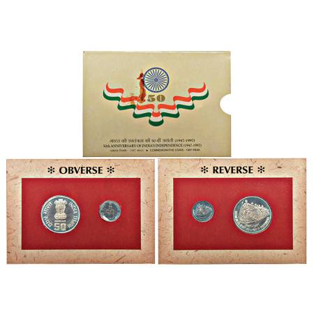 1997, 50th Year of Independence, UNC set of 2 coins, 50 rupees and 50 paise, Mumbai mint, 