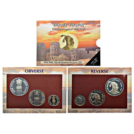 1999, Chhatrapati Shivaji, UNC set of 3 coins, 100 Rupees, 50 Rupees and 2 Rupees, Mumbai 