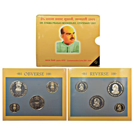 2001, Dr. Shyama Prasad Mookerjee Centenary, UNC set of 4 coins, 100 rupees, 50 rupees, 10