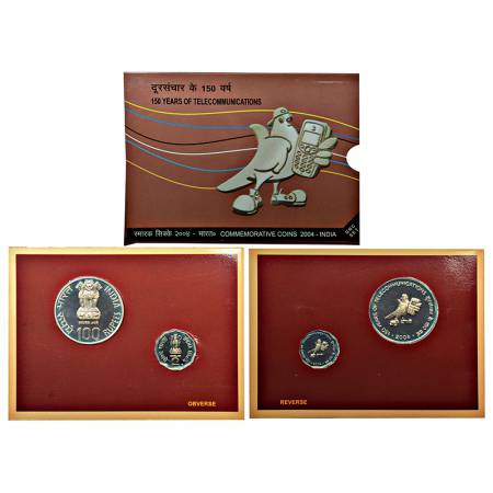 2004, 150 Years of Telecommunications, UNC set of 2 coins, 100 rupees and 2 rupees, Kolkat