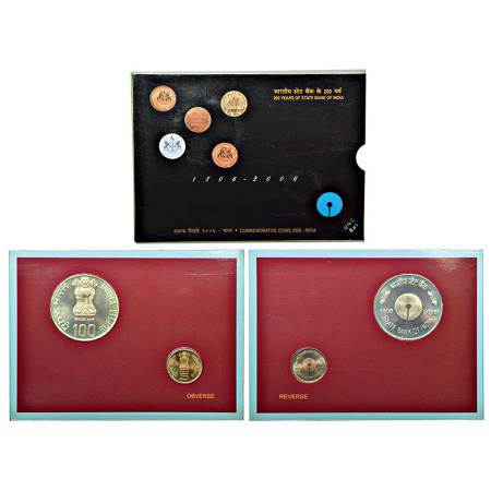 2006, 200 Years of State Bank of India, UNC set of 2 coins, 100 rupees and 5 rupees, Kolka