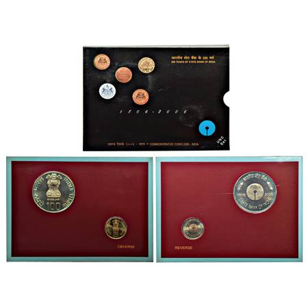 2006, 200 Years of State Bank of India, UNC set of 2 coins, 100 rupees and 5 rupees, Kolka