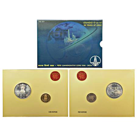 2006, 50 Years of ONGC, UNC set of 2 coins, 50 rupees and 5 rupees, Kolkata mint, RB 308, 