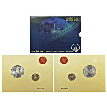 2006, 50 Years of ONGC, UNC set of 2 coins, 50 rupees and 5 rupees, Kolkata mint, RB 308, 