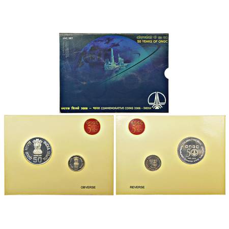 2006, 50 Years of ONGC, UNC set of 2 coins, 50 rupees and 5 rupees, Kolkata mint, RB 308, 