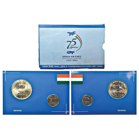 2007, Indian Air Force-Platinum Jubilee, UNC set of 2 coins, 100 rupees and 2 rupees, Kolk