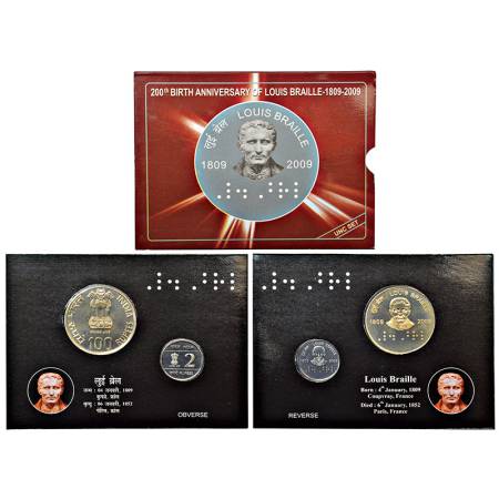 2009, 200th Birth Anniversary of Louis Braille, UNC set of 2 coins, 100 rupees and 2 rupee