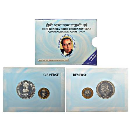 2009, Homi Bhabha Birth Centenary, UNC set of 2 coins, 100 rupees and 10 rupees, Mumbai mi