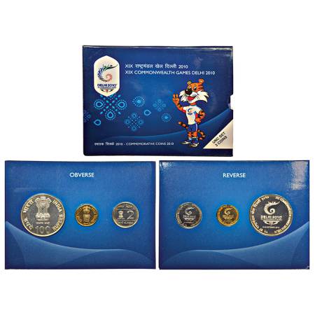 2010, XIX Commonwealth Games Delhi, UNC set of 3 coins, 100 rupees, 5 rupees and 2 rupees,