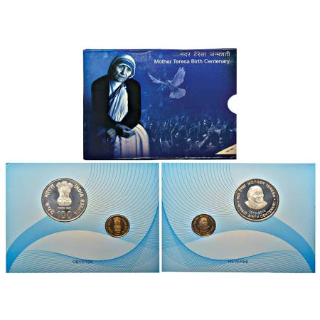 2010, Mother Teresa Birth Centenary, UNC set of 2 coins, 100 rupees and 5 rupees, Kolkata 