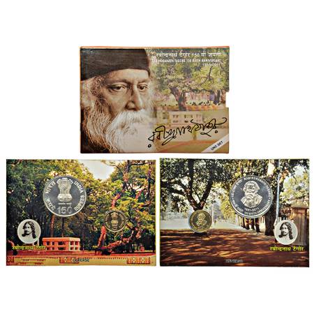 2011, 150th Birth Anniversary of Rabindranath Tagore, UNC set of 2 coins, 150 rupees and 5
