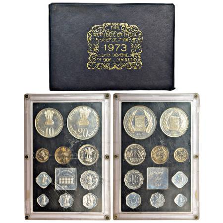 1973, Grow More Food, Proof set of 10 coins, 20 rupees, 10 rupees, 1 rupee, 50 paise, 25 p