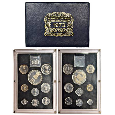 1973, Grow More Food, Proof set of 9 coins, 10 rupees, 1 rupee, 50 paise, 25 paise, 10 pai