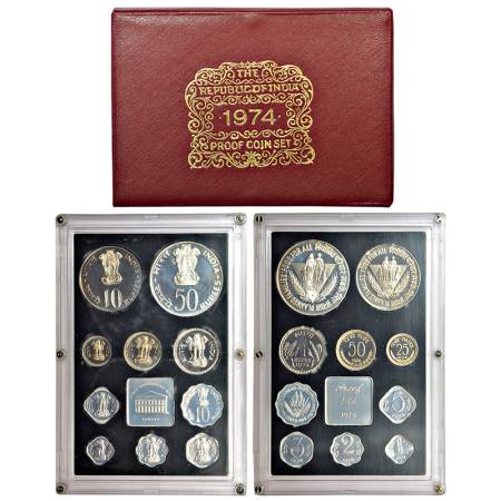 1974, Planned Families - Food For All, Proof set of 10 coins, 50 rupees, 10 rupees, 1 rupe