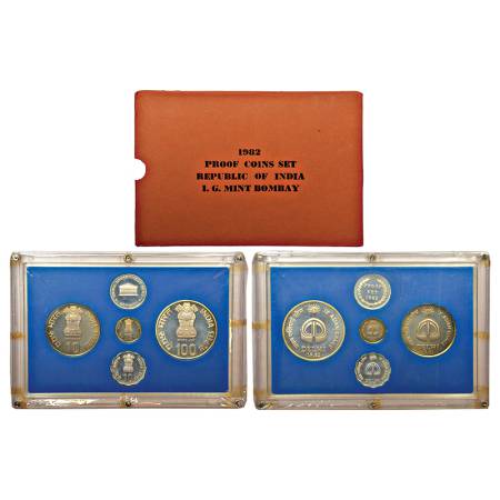 1982, IX Asian Games, Proof set of 4 coins, 100 rupees, 10 rupees, 25 paise and 10 paise, 