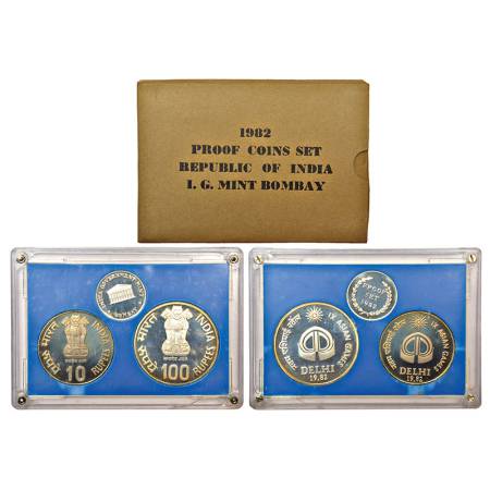 1982, IX Asian Games, Proof set of 2 coins, 100 rupees and 10 rupees, Bombay mint, RB 92, 