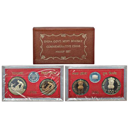 1986, Fisheries, Proof set of 2 Coins, 100 rupees and 20 rupees, Bombay mint, RB 123, in o