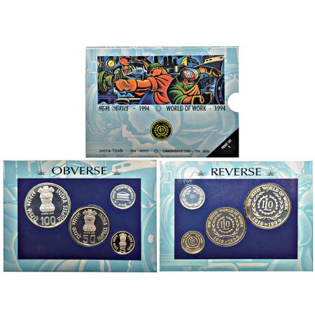 1994, World of Work, Proof set of 3 coins, 100 rupees, 50 rupees and 5 rupees, Bombay mint