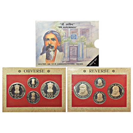 1998, Sri Aurobindo, Proof set of 4 coins, 100 Rupees, 50 Rupees, 10 Rupees and 2 Rupees, 
