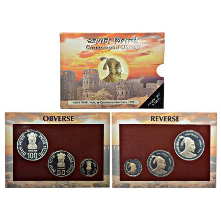 1999, Chhatrapati Shivaji, Proof set of 3 coins, 100 rupees, 50 rupees and 2 rupees, Mumba