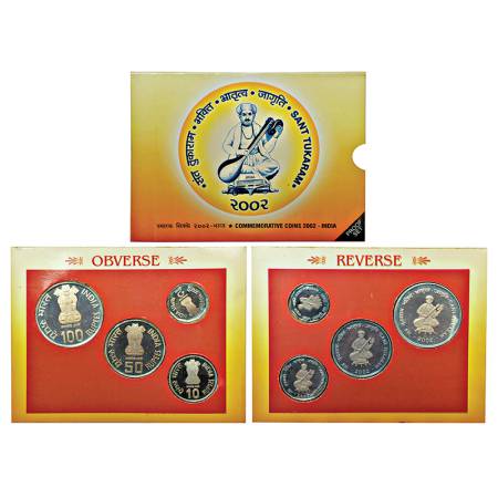 2002, Sant Tukaram, Proof set of 4 coins, 100 rupees, 50 rupees, 10 rupees and 2 rupees, K