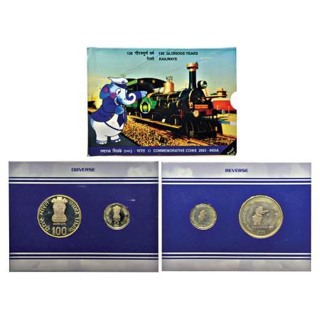 2003, 150 Glorious Years of Railways, Proof set of 2 coins, 100 rupees and 2 rupees, Kolka
