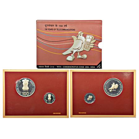 2004, 150 Years of Telecommunications, Proof set of 2 coins, 100 rupees and 2 rupees, Kolk