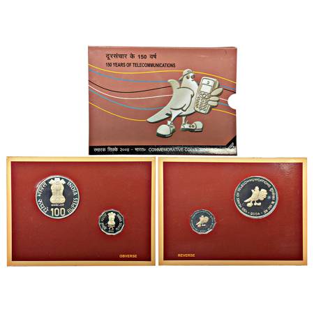 2004, 150 Years of Telecommunications, Proof set of 2 coins, 100 rupees and 2 rupees, Kolk