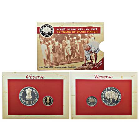 2005, 75 Years of Dandi March, Proof set of 2 coins, 100 rupees and 5 rupees, Mumbai mint,