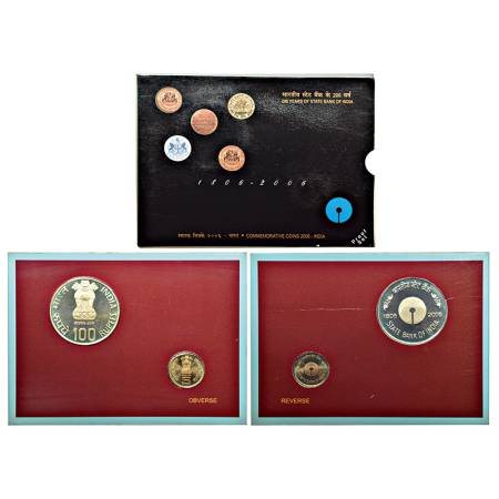 2006, 200 Years of State Bank of India, Proof set of 2 coins, 100 rupees and 5 rupees, Kol