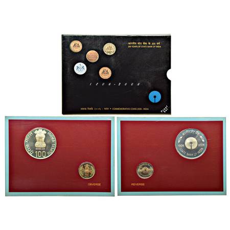 2006, 200 Years of State Bank of India, Proof set of 2 coins, 100 rupees and 5 rupees, Kol