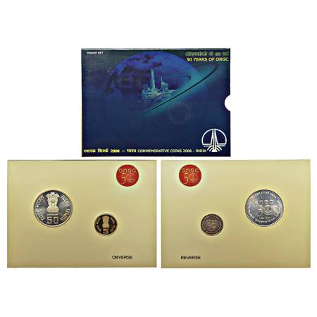 2006, 50 Years of ONGC, Proof set of 2 coins, 50 rupees and 5 rupees, Kolkata mint, RB 307