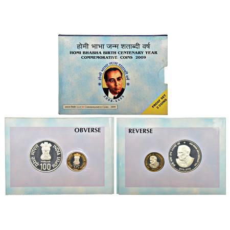 2009, Homi Bhabha Birth Centenary, Proof set of 2 coins, 100 rupees and 10 rupees, Mumbai 