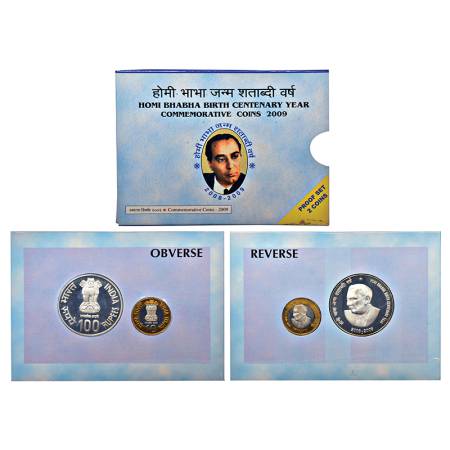 2009, Homi Bhabha Birth Centenary, Proof set of 2 coins, 100 rupees and 10 rupees, Mumbai 