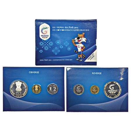 2010, XIX Commonwealth Games Delhi, Proof set of 3 coins, 100 rupees, 5 rupees and 2 rupee